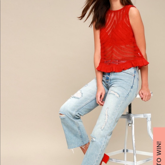 Free People She's a Doll Sheer Red Lace Crop Top. - Picture 3 of 9